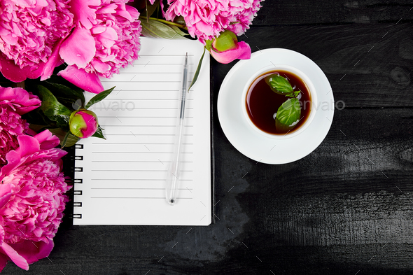 Beautiful pink peony flowers with note. - Stock Photo - Images