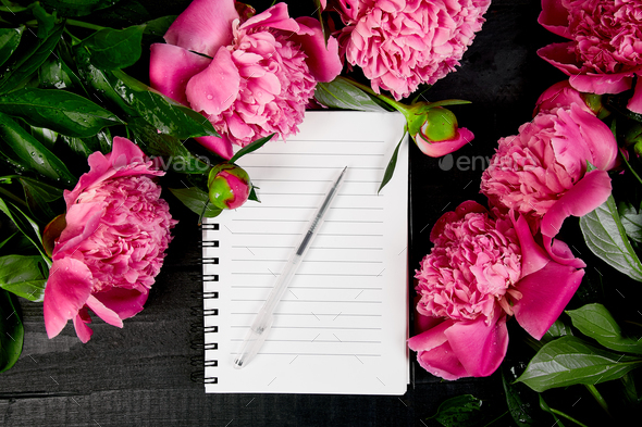 Beautiful pink peony flowers with note. - Stock Photo - Images