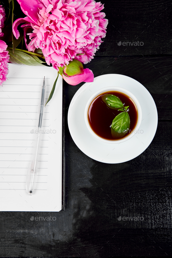 Beautiful pink peony flowers with note. - Stock Photo - Images
