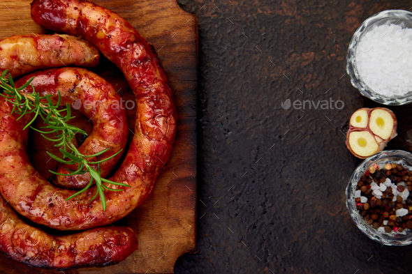 Grilled or Roasted spiral pork sausages - Stock Photo - Images
