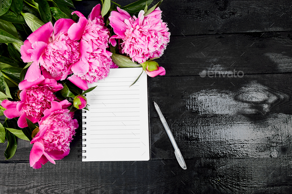 Beautiful pink peony flowers with note. - Stock Photo - Images