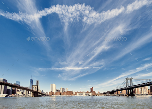 Manhattan skyline view from Brooklyn - Stock Photo - Images