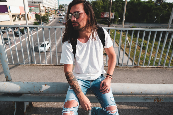 Stylish man with sunglasses and beard - Stock Photo - Images
