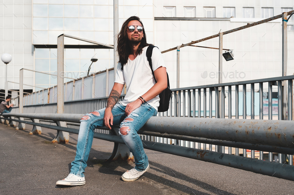 Stylish man with sunglasses and beard - Stock Photo - Images