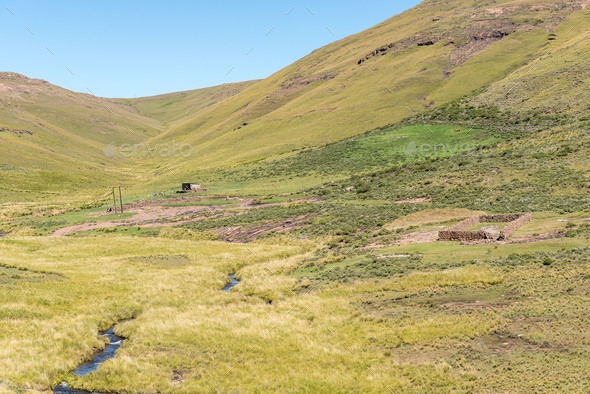Farm landscape on Naudes Nek Pass - Stock Photo - Images