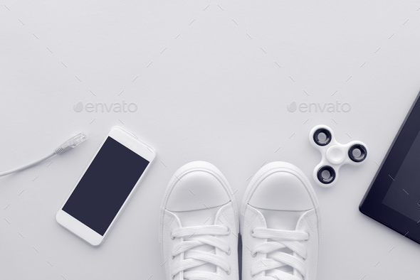 Millennial generation gadgets flat lay top view with copy space - Stock Photo - Images