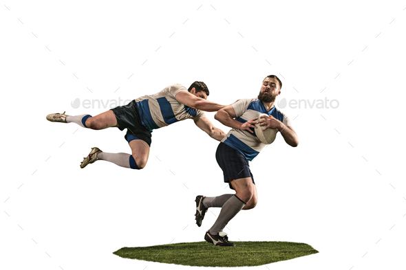 The silhouette of two caucasian rugby man player isolated on white background - Stock Photo - Images