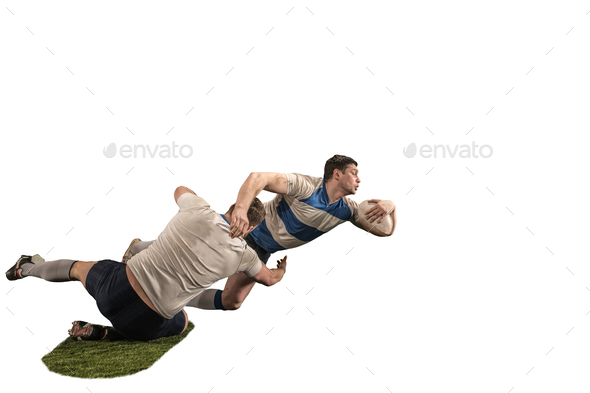 The silhouette of two caucasian rugby man player isolated on white background - Stock Photo - Images