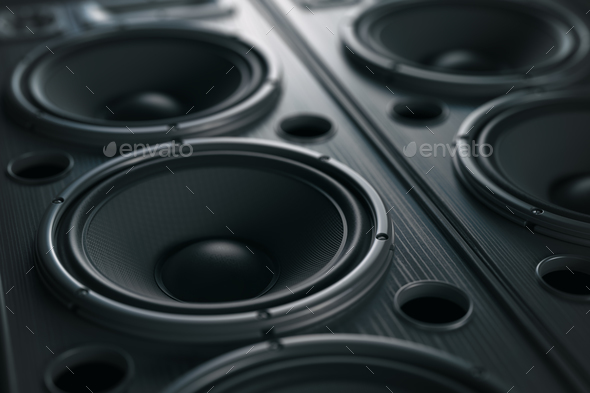 Multimedia acoustic sound speaker system. Music close up black Stock Photo  by maxxyustas