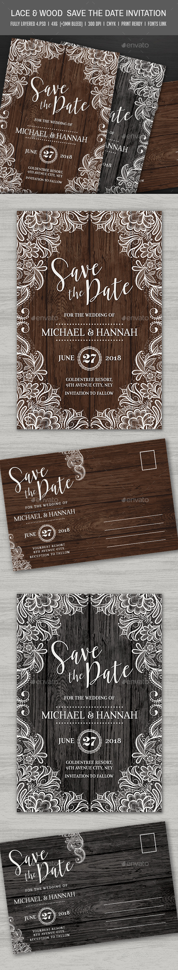 Lace & Wood Save the Date Invitation - Cards & Invites Print Templates
