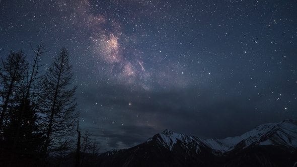 Milky Way Galaxy Stars Over Snow Capped Mountains at a Clear Night