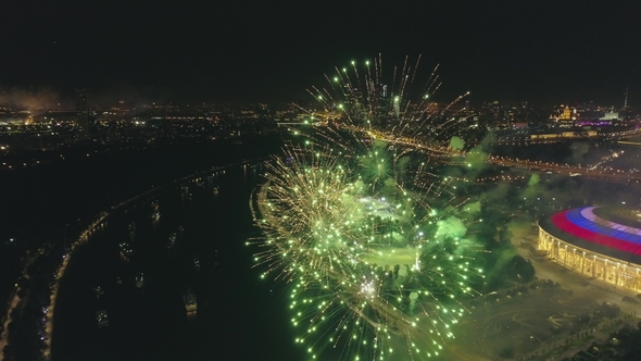 Fireworks Explosion in the City Aerial View alt