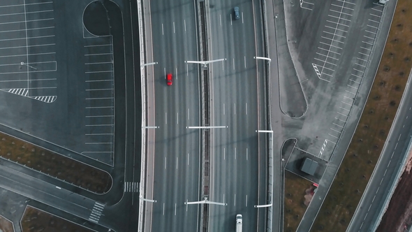 Aerial Survey. Moving Cars on the Bridge. Modern Road. Top View. City Magistral or Street Highway