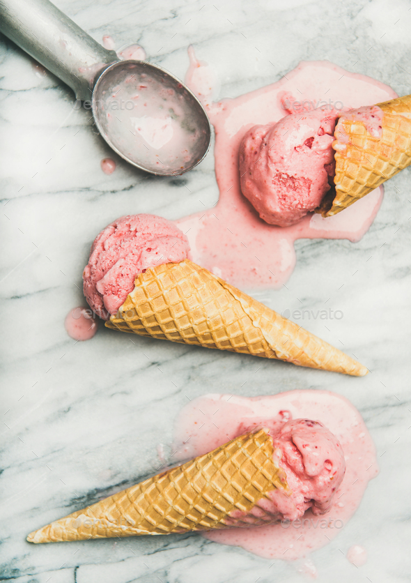Flat-lay of homemade yogurt strawberry ice cream, vertical composition - Stock Photo - Images