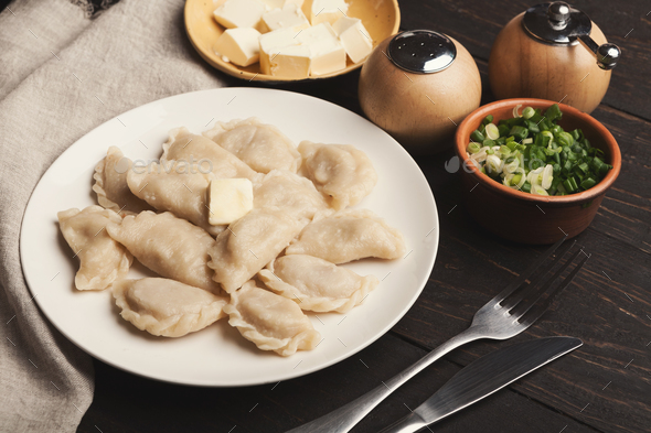 Dumplings with potato served at restaurant, Russian food - Stock Photo - Images