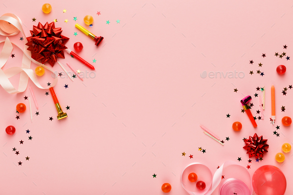 Birthday Party Background With Gift And Lollipops Stock Photo By