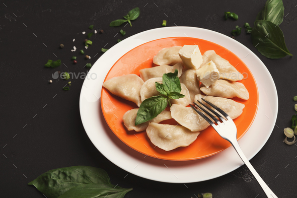 Dumplings with potato served at restaurant, Russian food - Stock Photo - Images
