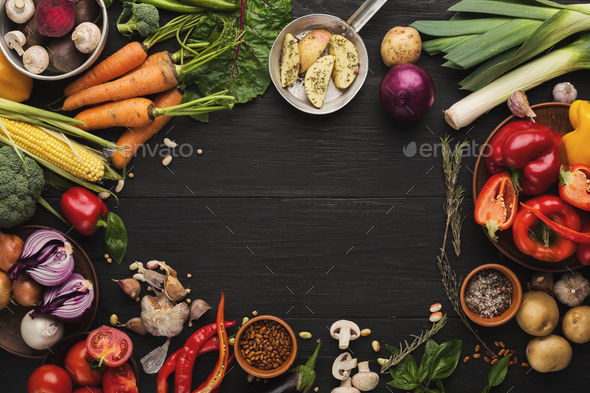 Frame of fresh vegetables on wooden background with copy space - Stock Photo - Images