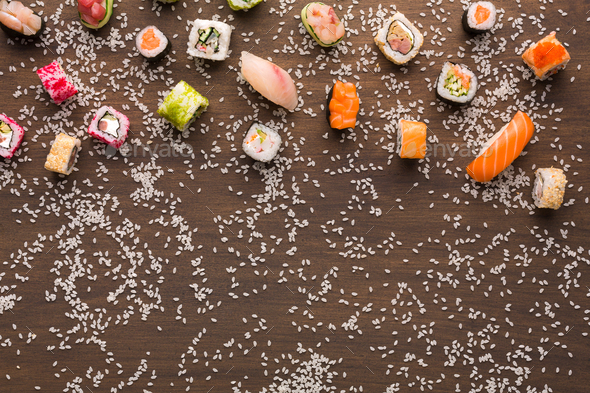 Set of sushi, maki, gunkans and rolls. Asian cuisine - Stock Photo - Images