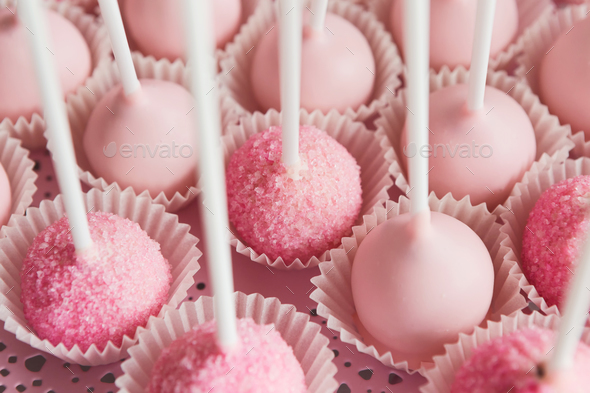 Pink cakepops on platter, closeup - Stock Photo - Images