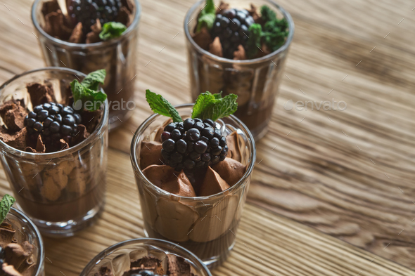 Chocolate mousse in glasses, closeup - Stock Photo - Images