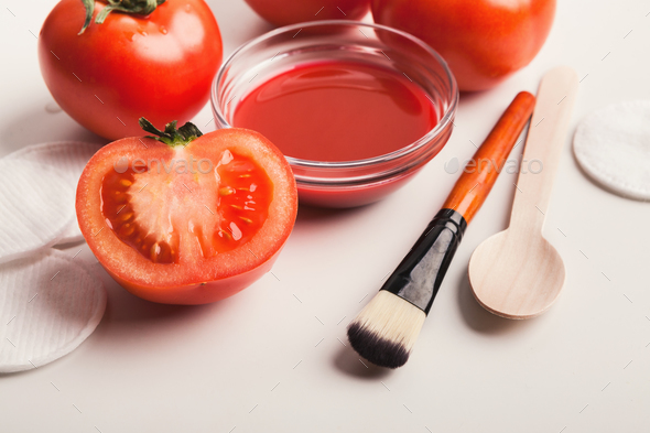 Handmade tomato face mask for home skin care Stock Photo by Prostock-studio