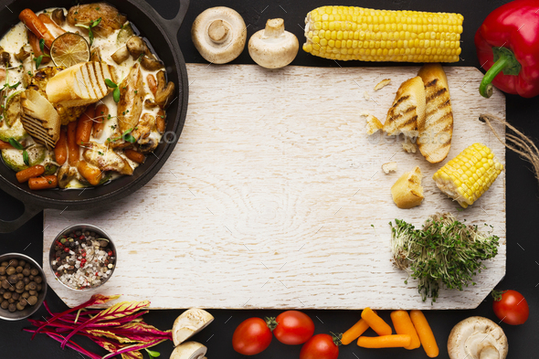 Meat stew, cooking ingredients on wooden cutting board, top view - Stock Photo - Images