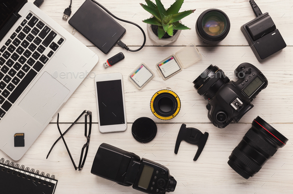 Diverse personal equipment for photographer - Stock Photo - Images