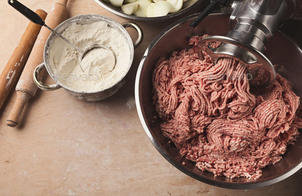 Preparing dumplings with meat, cooking ingredients - Stock Photo - Images