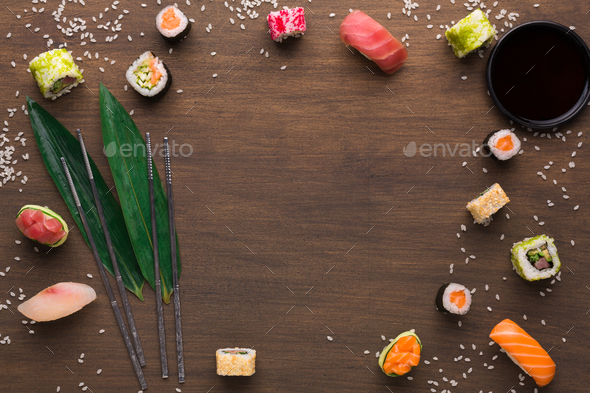 Asian food frame on wooden background - Stock Photo - Images