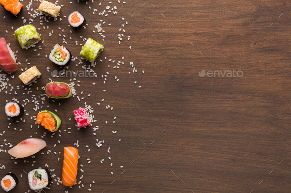 Set of sushi, maki, gunkans and rolls. Asian cuisine - Stock Photo - Images