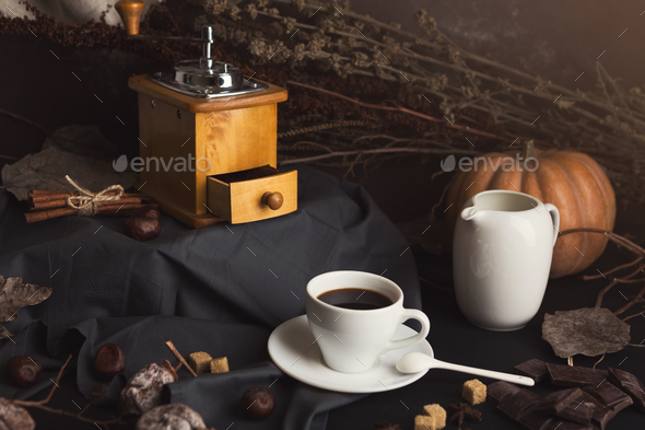 Coffee cup and sweets on vintage wooden table - Stock Photo - Images