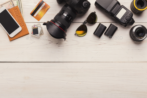 Diverse personal equipment for photographer - Stock Photo - Images