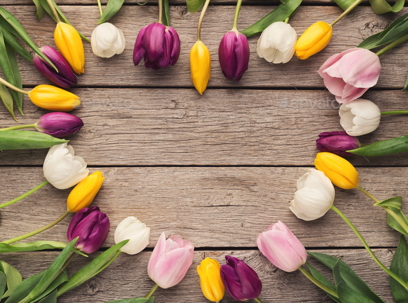 Heart shape made of tulips on wooden background, top view - Stock Photo - Images