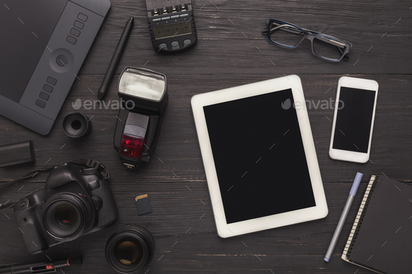 Diverse personal equipment for photographer - Stock Photo - Images