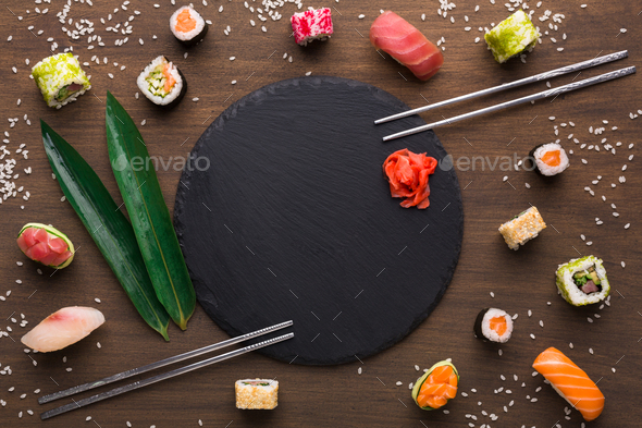 Set of sushi, maki, gunkans and rolls. Asian cuisine - Stock Photo - Images
