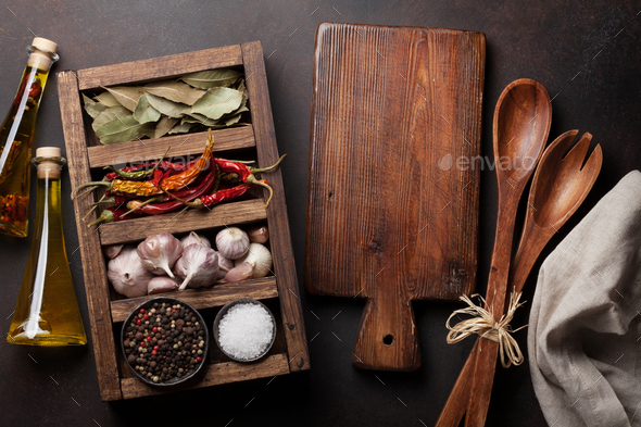Dry spices in wooden box - Stock Photo - Images