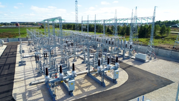 Aerial View Transformation Substation Among Pictorial Landscape