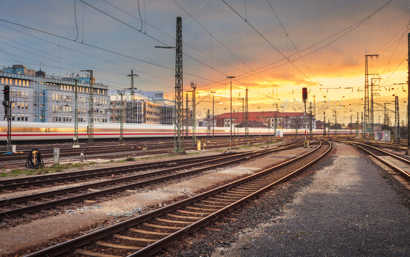 Industrial landscape. Railway Station in Nuremberg, Germany. Rai - Stock Photo - Images