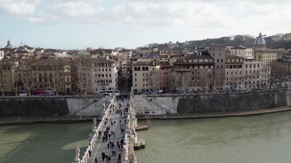 Tiber and Rome Panorama From Castel Sant Angelo, Italy Tourist Buses alt