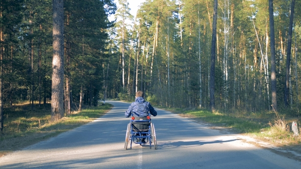 Man on a Wheelchair, Riding in Forest, Back View alt