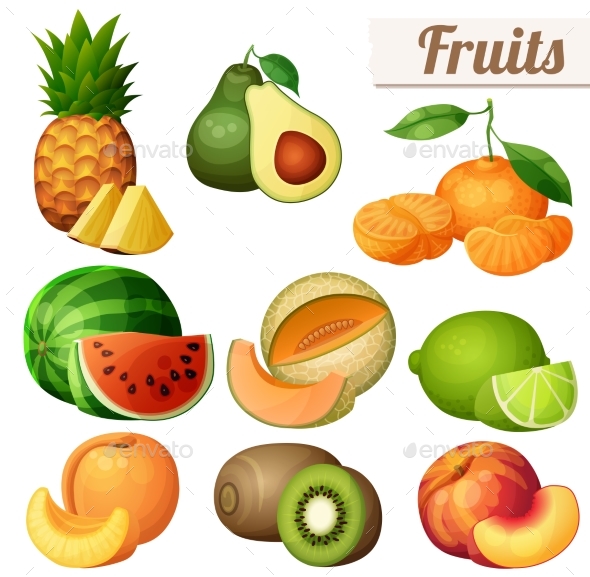 Set of Fruits Icons Isolated on White Background - Food Objects