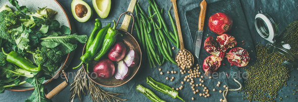 Winter vegetarian or vegan food cooking ingredients, wide composition - Stock Photo - Images