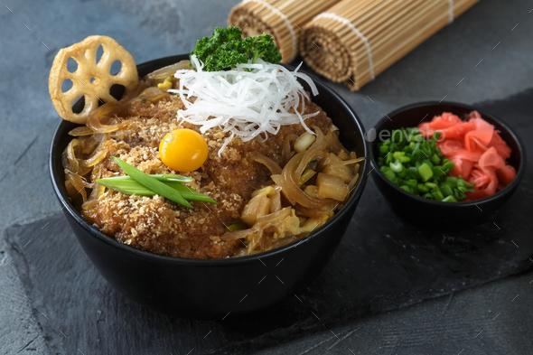 Download Rice bowl topped with fried pork cutlet Katsudon, tonkatsu donburi, japanese cuisine Stock Photo ...