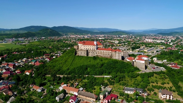 Beautiful Panoramic Aerial View To Palanok Castle in the City of Mukachevo alt