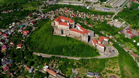 Beautiful Panoramic Aerial View To Palanok Castle in the City of Mukachevo alt
