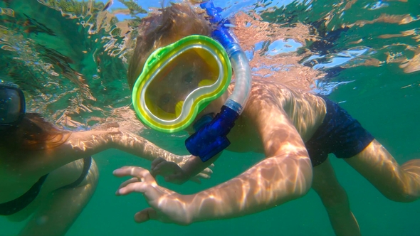 Shot of a Young Woman and Her Little Son Snorkeling in a Sea alt