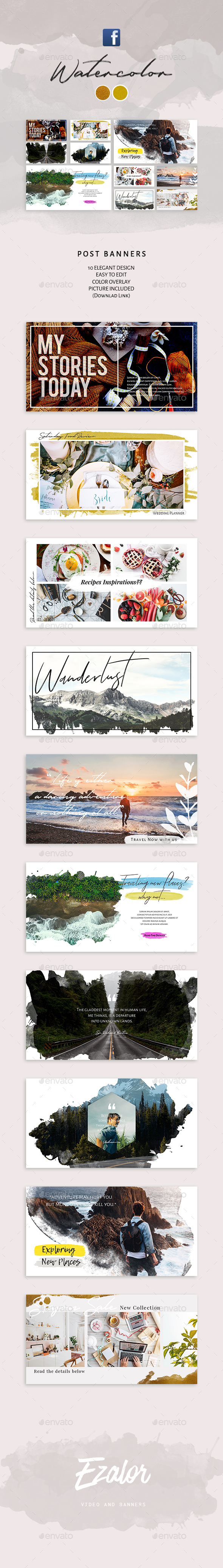 Watercolor Facebook Post Banners - Social Media Web Elements