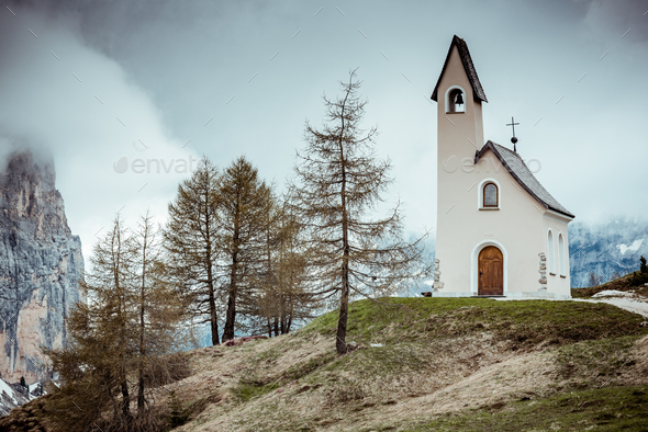 Lonely Chapel on cloudy day in South Tyrol,Italy - Stock Photo - Images