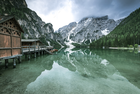 Moody Image Of Pragser Wildsee Or Braies Lake In Italy Stock Photo